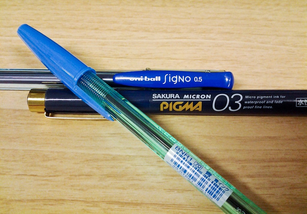 The blue pens: Uni-Ball Signo UM-100; Sakura Pigma Micron 03; Zebra N-5000. 