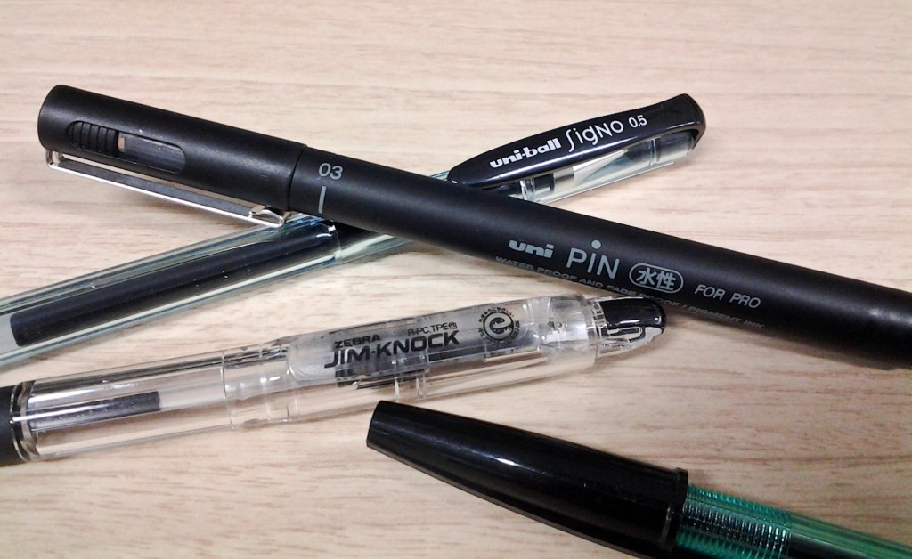 The black pens. Uni-Ball Signo UM-100; Uni PIN water proof; Zebra Jim-Knock; Zebra N-5000.