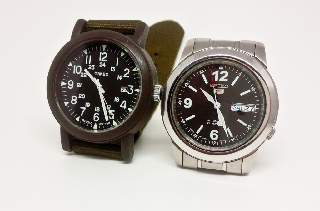 The new watches: the Timex Weekender on the left and the Seiko 5 on the right.